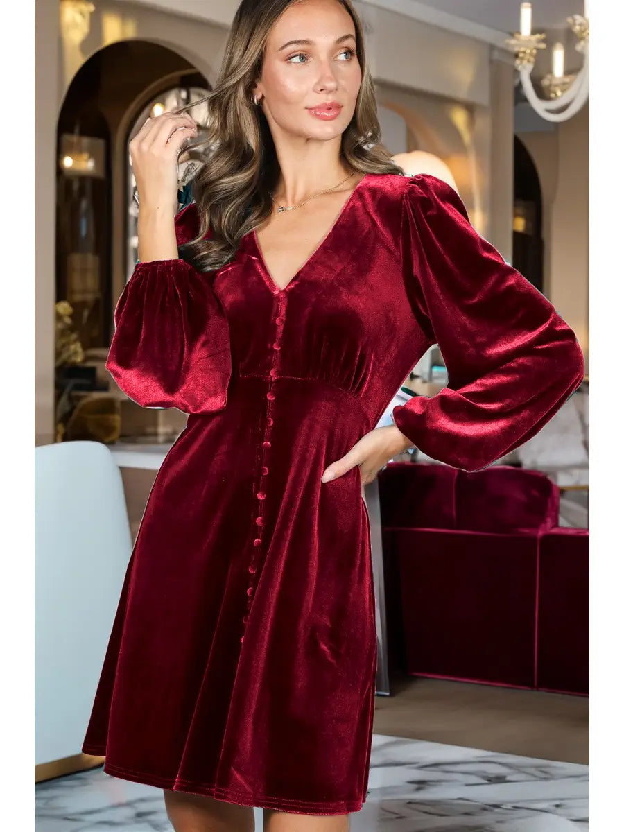 Silhouette Luxe Velvet V-Neck Dress -Burgandy