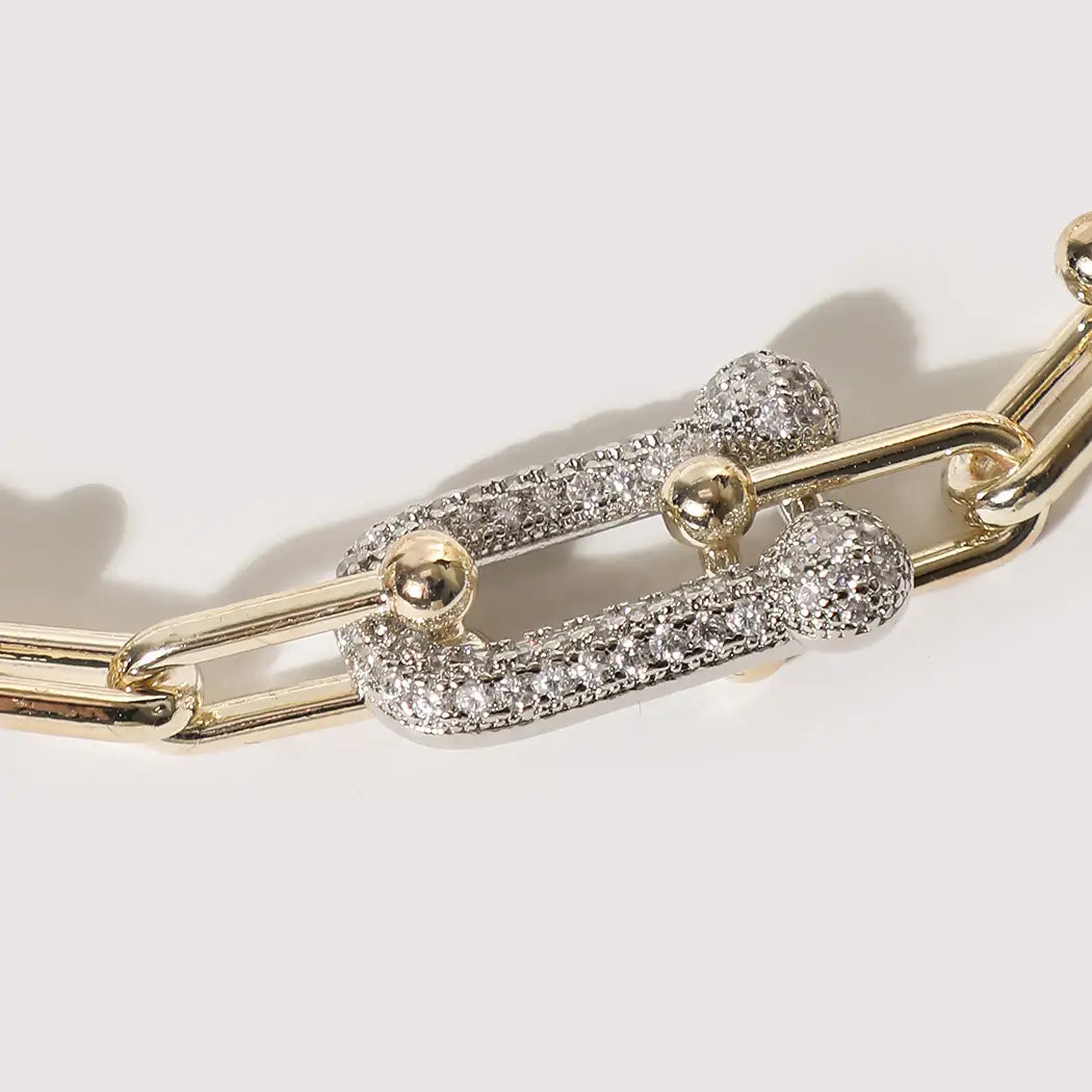 Two Tone Hardware Style Cz Pave Link Bracelet
