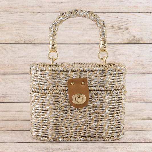 Woven Top Handle Box Bag-BEIGE