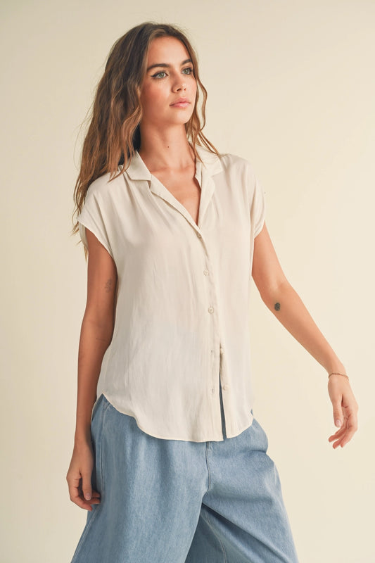 Button Down Cap Sleeve Shirts-Cream