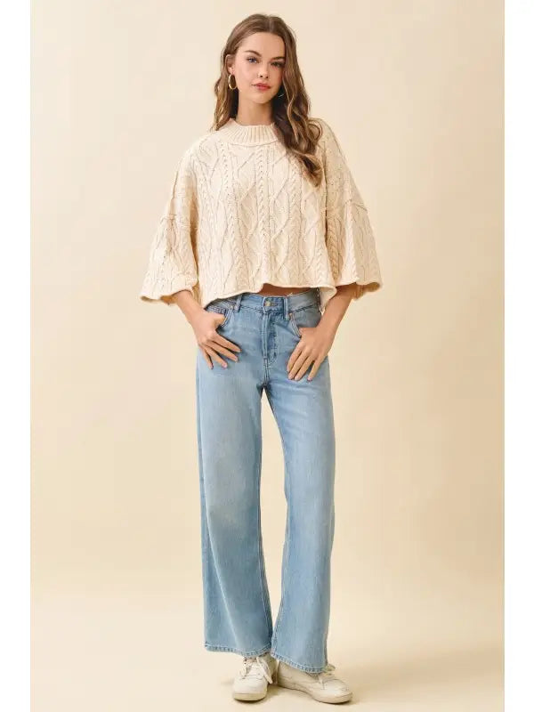 Chunky Ribbed Mock Neck Crop Cable Knit Sweater-Cream