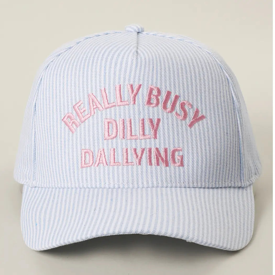 Really Busy Dilly Dallying Embroidered Seersucker Stripe Hat-Blue