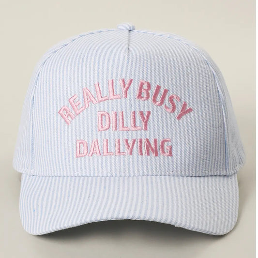 Really Busy Dilly Dallying Embroidered Seersucker Stripe Hat-Blue
