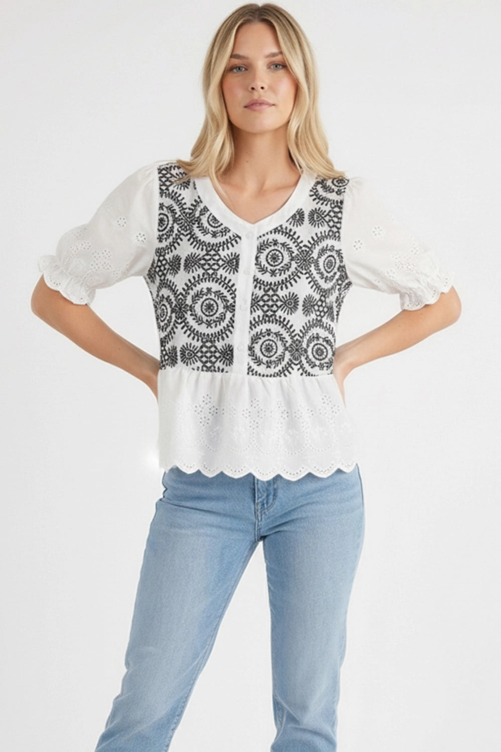 Button Down Eyelet Lace Shirts Blouse-White with Black