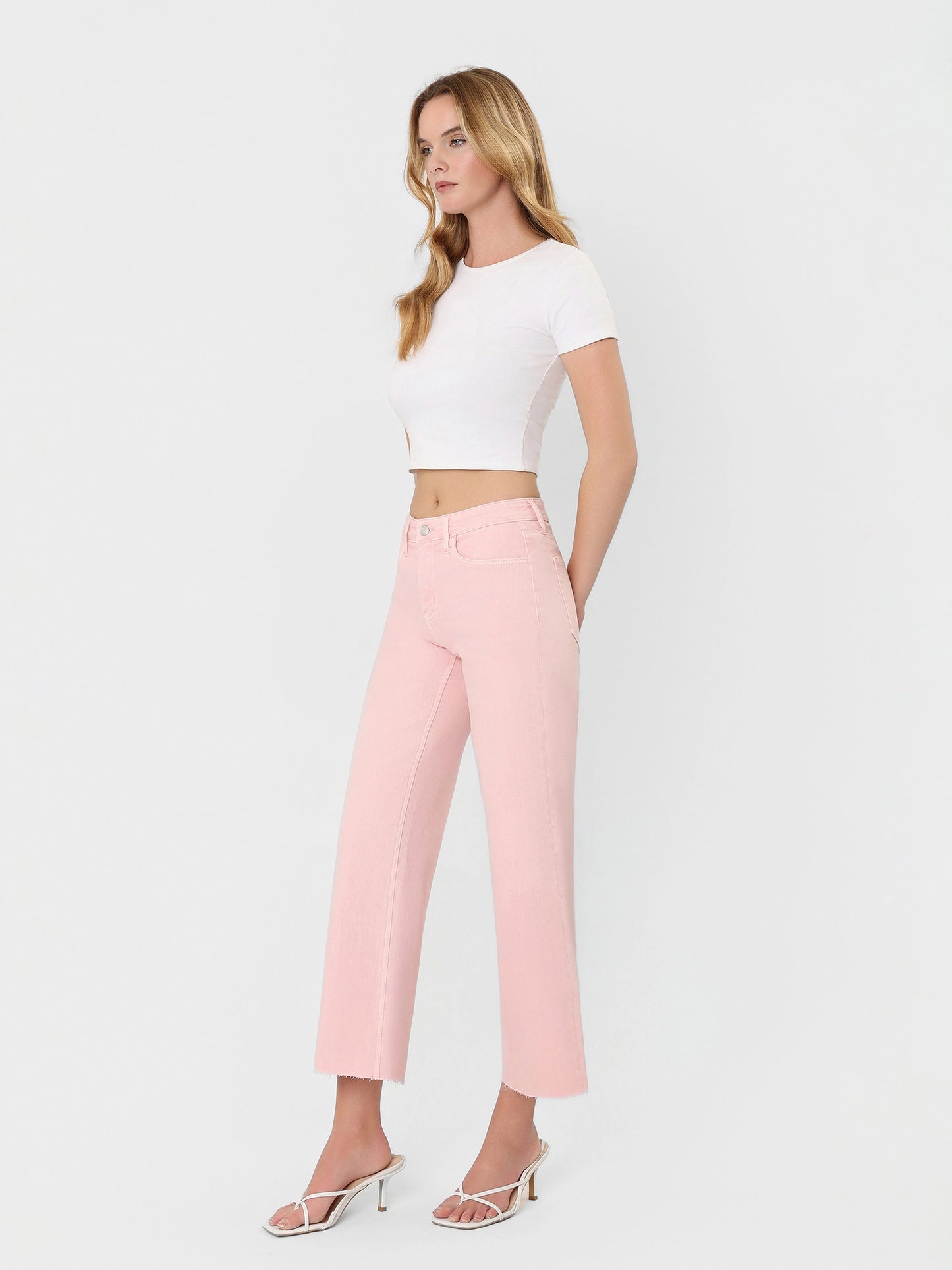 High Rise Pale Lilac Color Crop Wide Leg Jeans