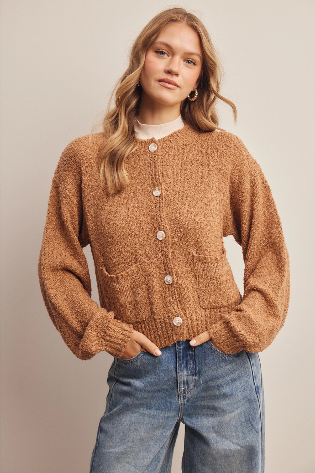 Bouclé Pocket Cardigan-Golden Brown