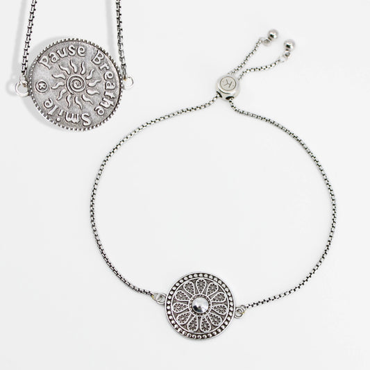 Pause Breathe Smile Mandala Adjustable Bracelet-Silver