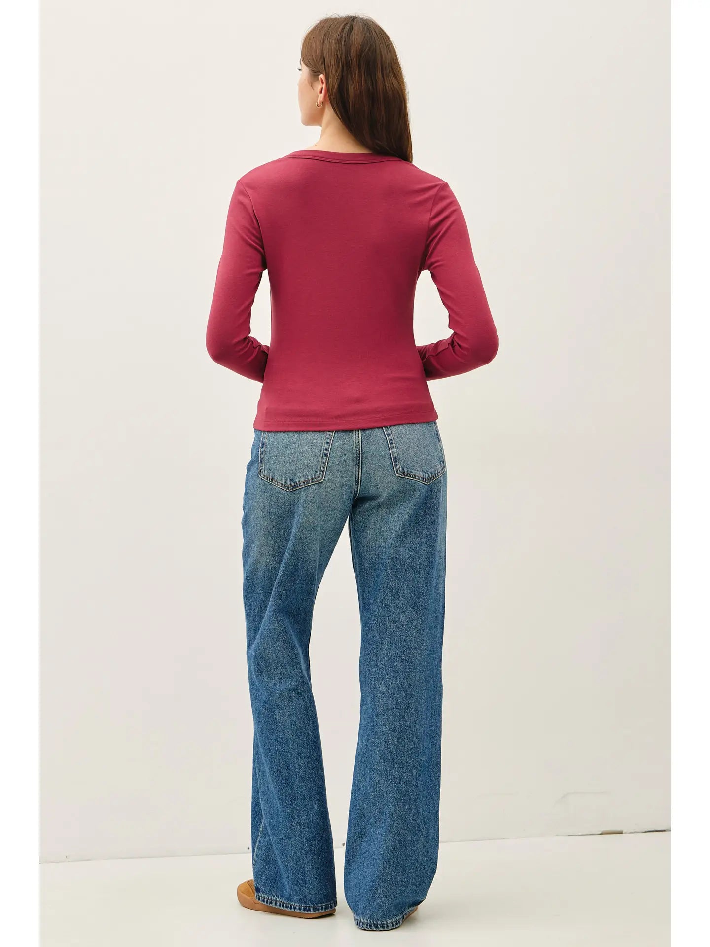 Basic Scoop Neck Long Sleeve Top-Burgandy