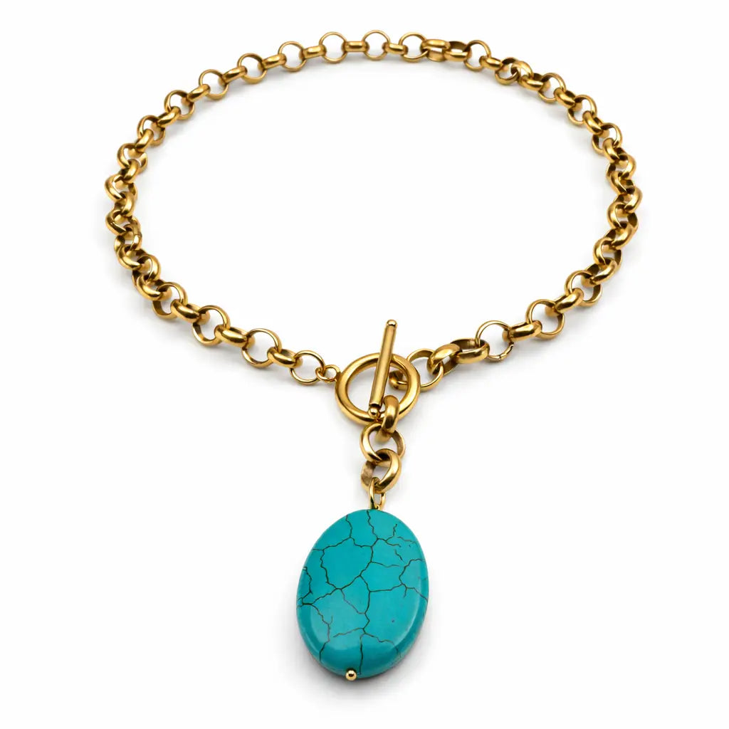 Blue Howlite Chunky Toggle Choker Necklace-Antique Gold