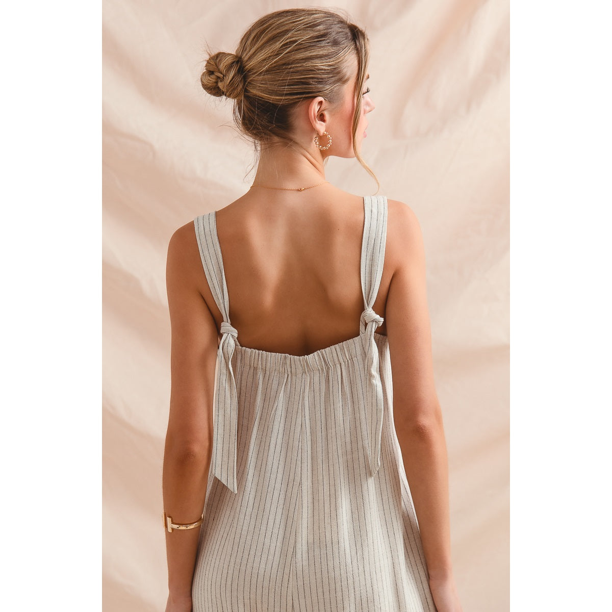 Sutton Button Front Stripe Linen Blend Jumpsuit Overalls-Oatmeal/Black