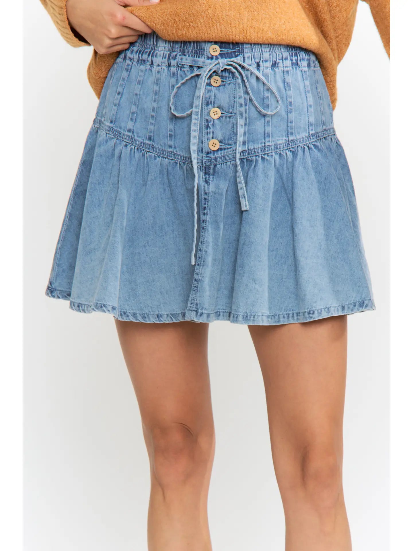 Buttoned Denim Skirt with Adjustable Waist Tie