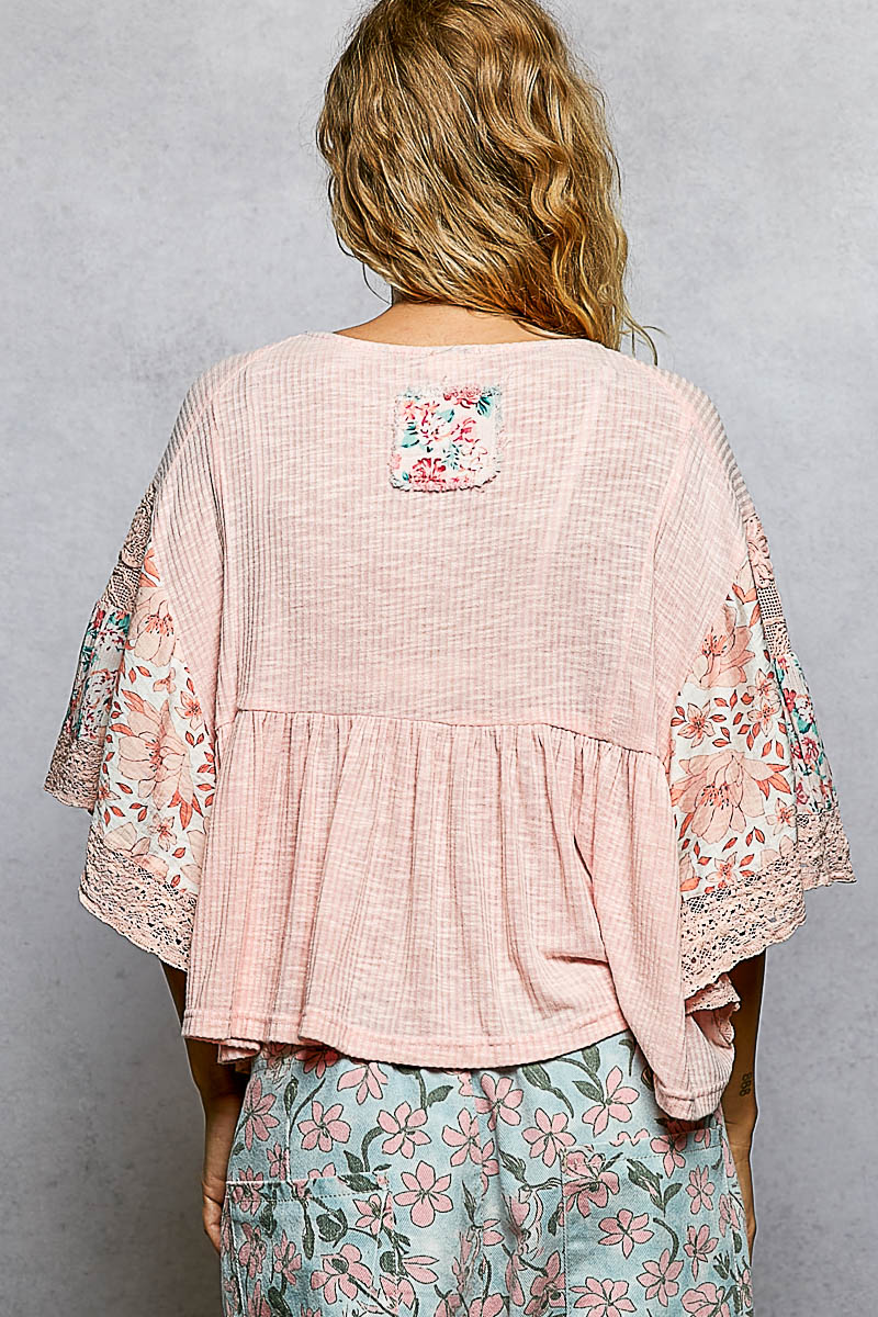 Rib Floral Pattern Round Neck Short Sleeve Top-Natural