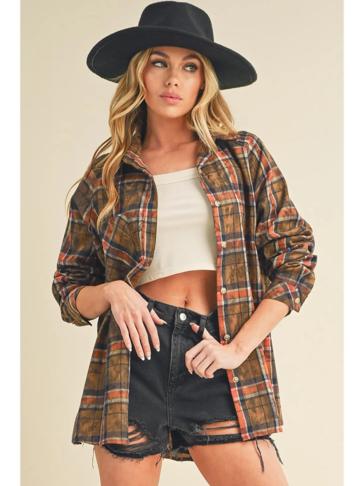 Laura Plaid Washed Flannel Shirt- Camel