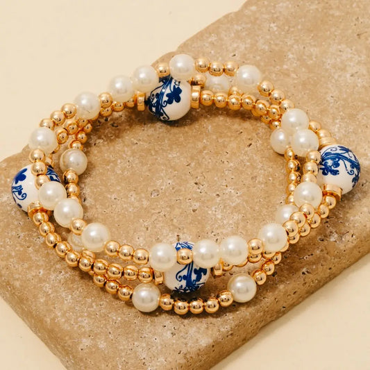 Floral Ceramic and Pearl Beaded Bracelet Set