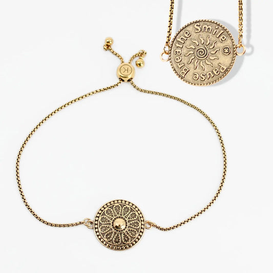 Pause Breathe Smile Mandala Adjustable Bracelet-Antique Gold