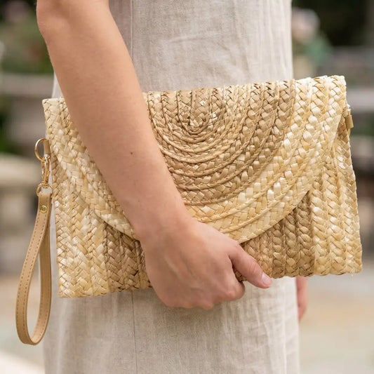 Three Tone Straw Clutch Bag-Beige