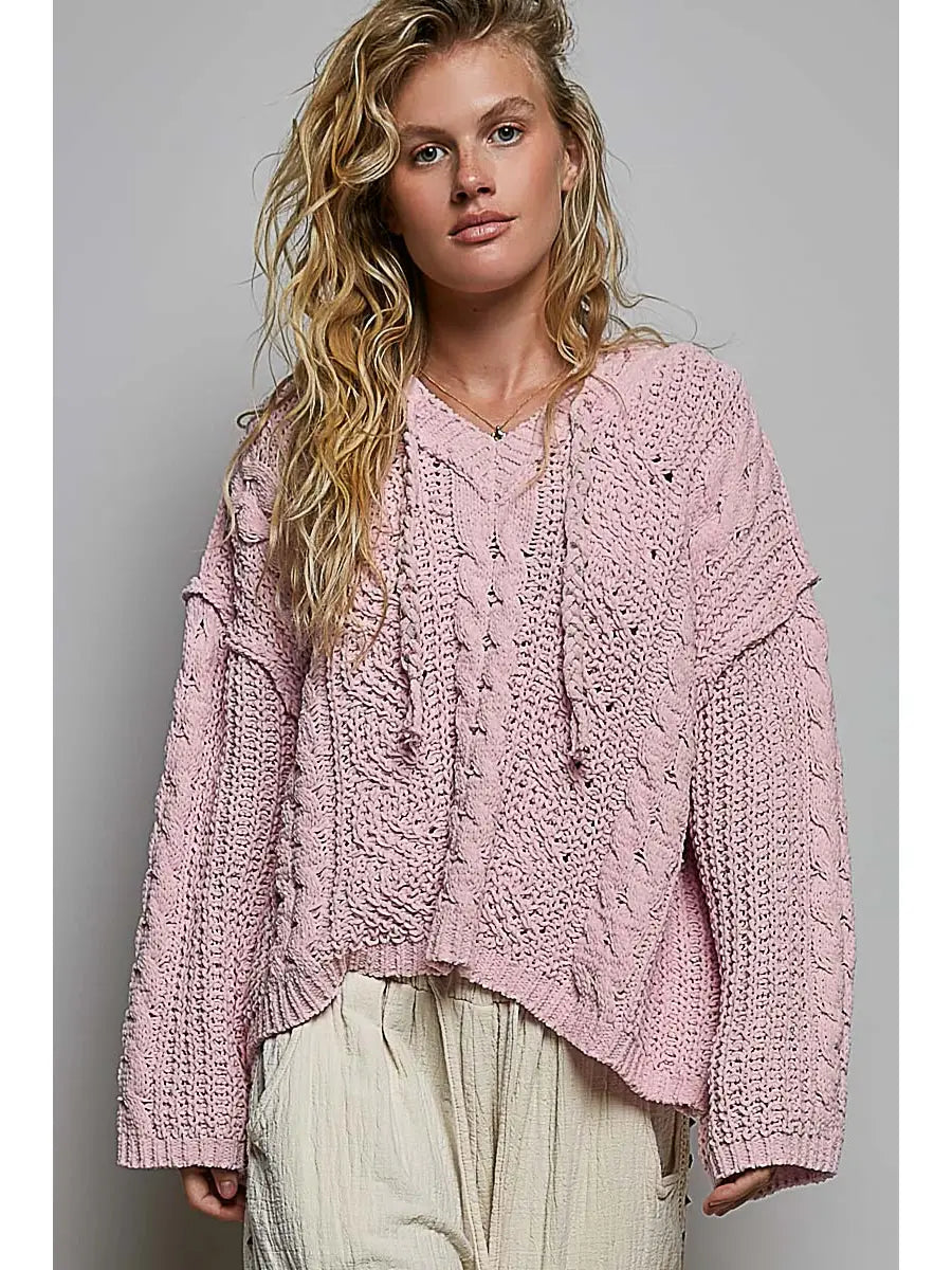 Toni Oversize  Hooded Cable Knit Chenille Sweater-Pale Pink