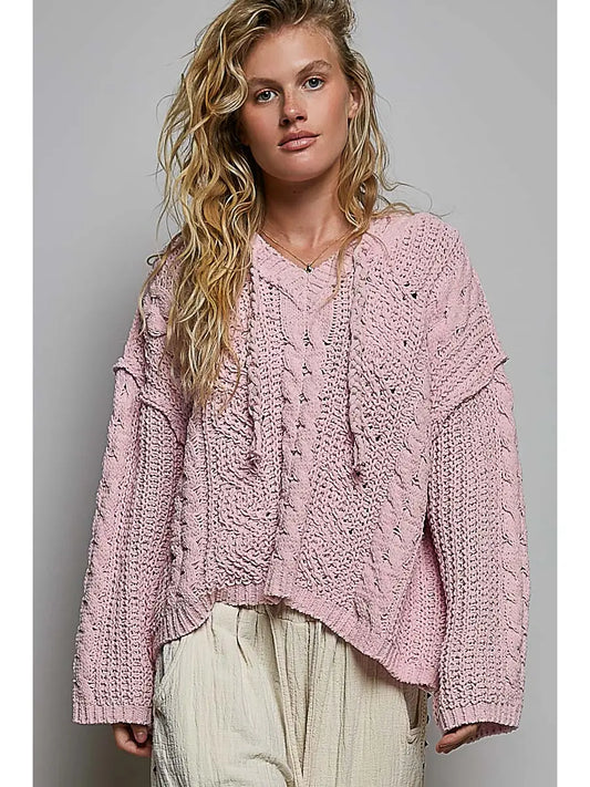 Toni Oversize  Hooded Cable Knit Chenille Sweater-Pale Pink