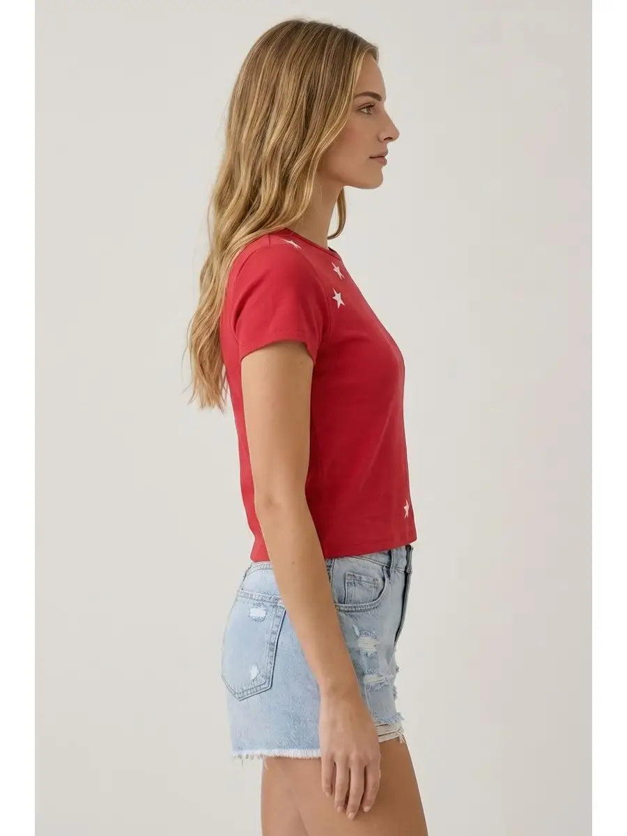 Ribbed T Shirt with Stars  Embroidery-Red