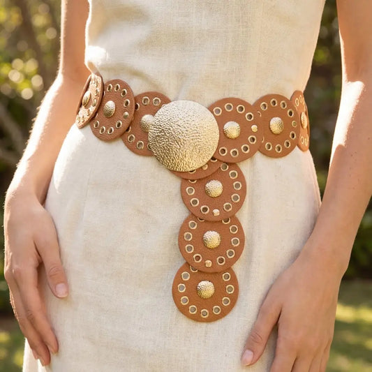 Oval Leather Disc Panel Link Belt-Brown/Gold