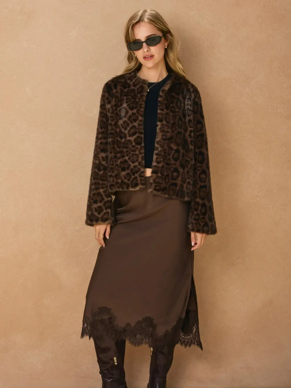 Satin Lace Hem Pencil Skirt-Dark Chocolate