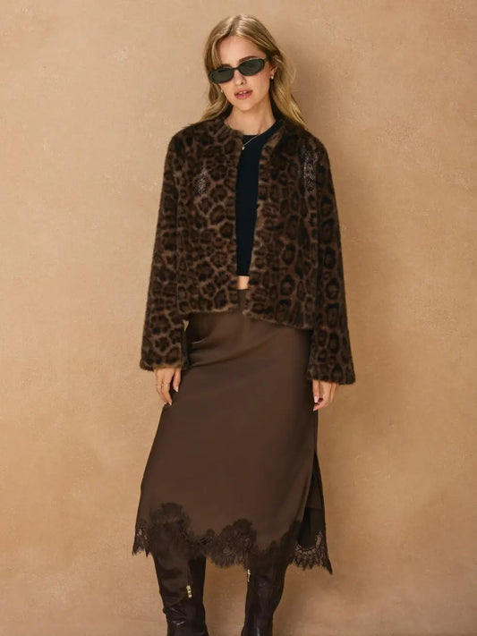 Satin Lace Hem Pencil Skirt-Dark Chocolate