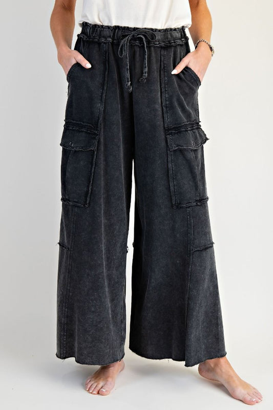 Dylan WASHED WIDE LEGS TERRY CARGO PANTS-Black