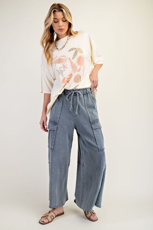 Dylan WASHED WIDE LEGS TERRY CARGO PANTS-Faded Navy