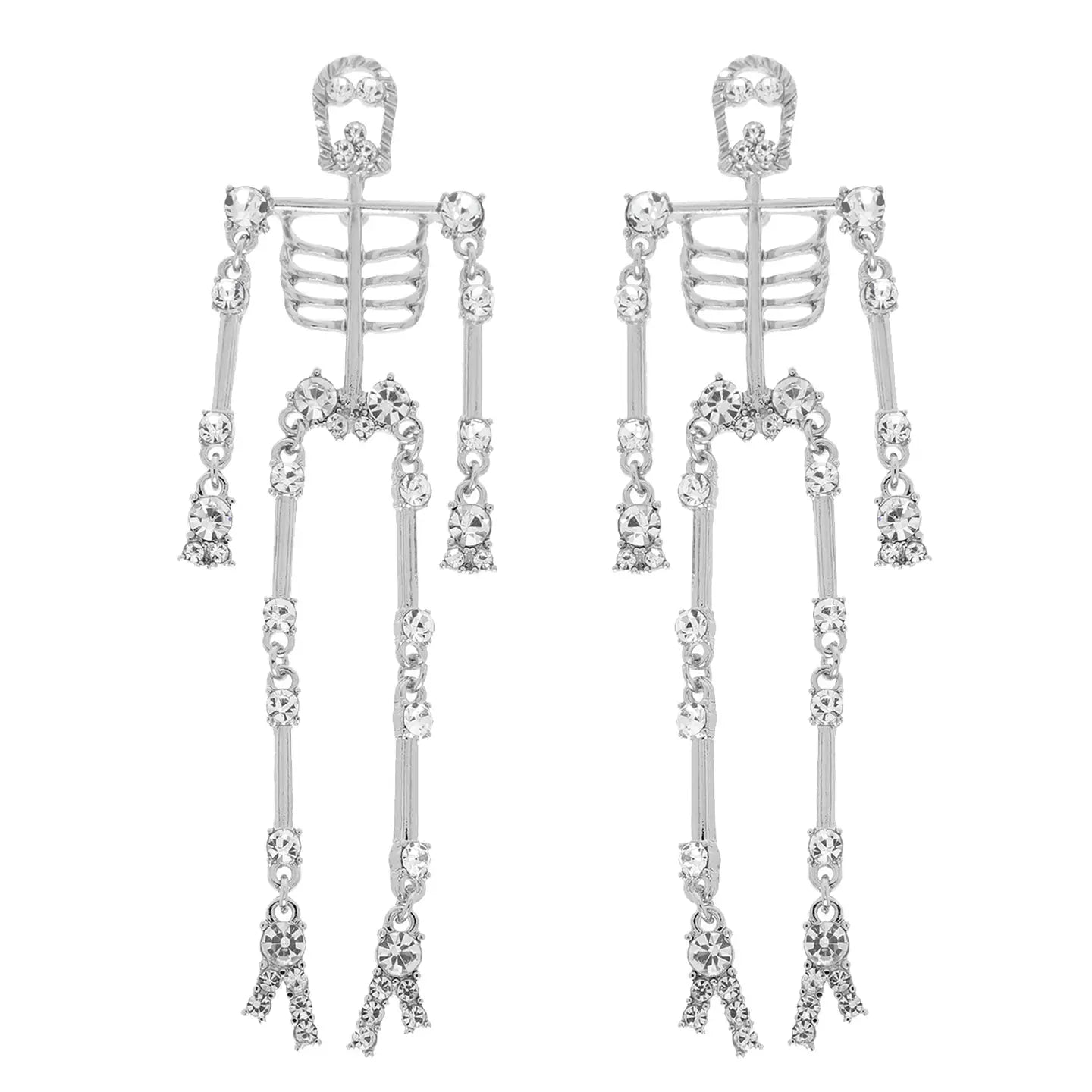 Halloween Jeweled Articulated Skeleton Earrings-Silver