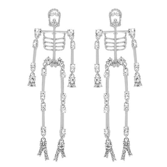 Halloween Jeweled Articulated Skeleton Earrings-Silver