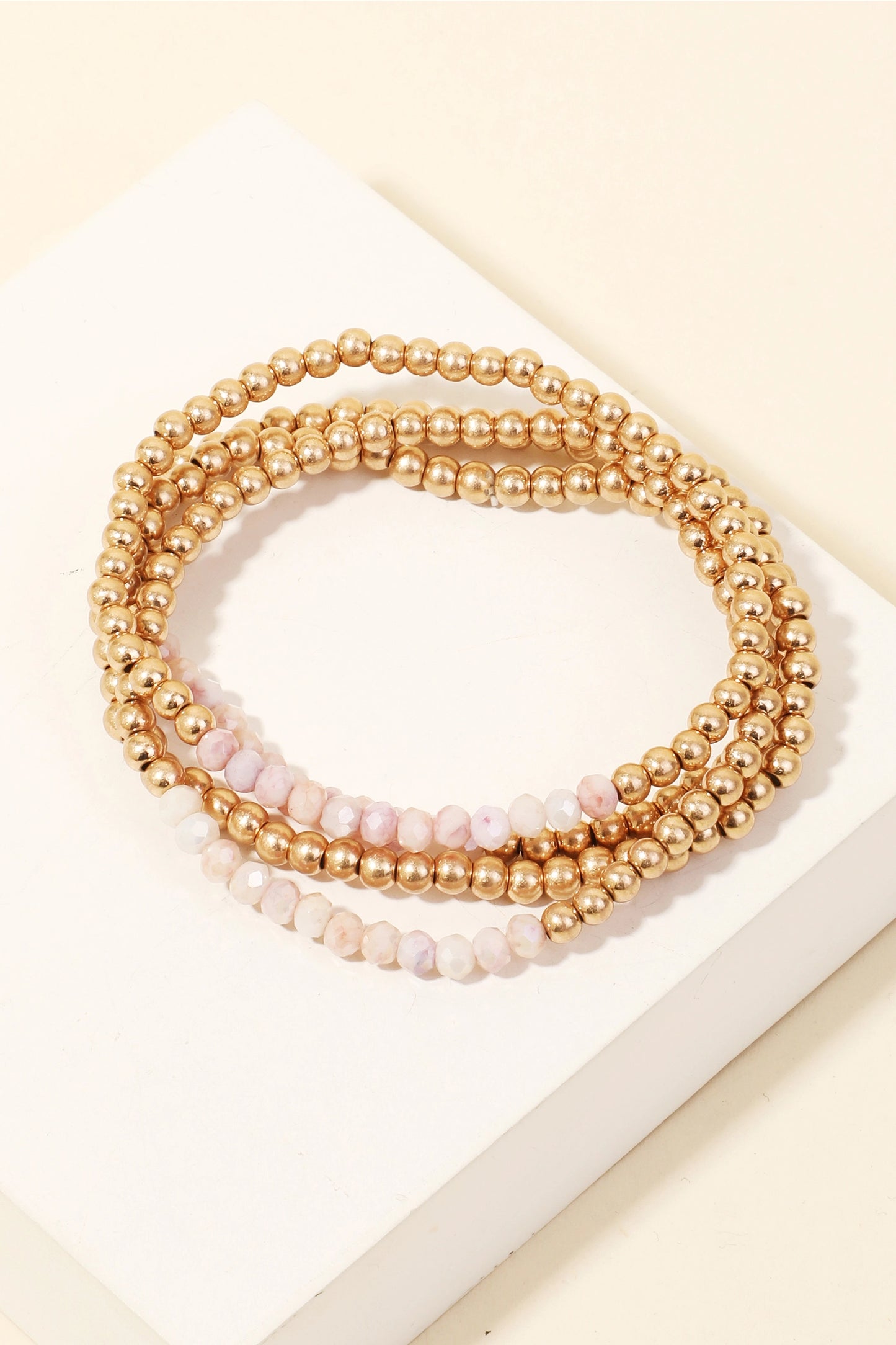Layered Metallic Beaded Bracelet Set-PNKMIN