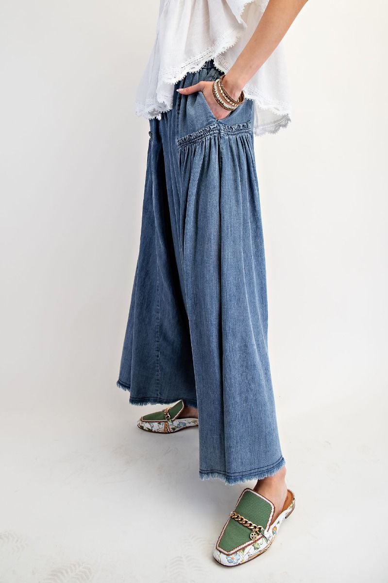 Bronwyn  WASHED WIDE LEG PALAZZO CHAMBRAY PANTS-Dark Denim