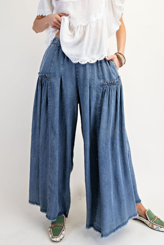 Naomi  WASHED WIDE LEG PALAZZO CHAMBRAY PANTS
