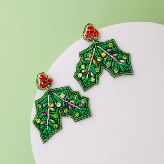 Christmas Mistletoe Crystal Seed Beaded Post Dangle Earrings