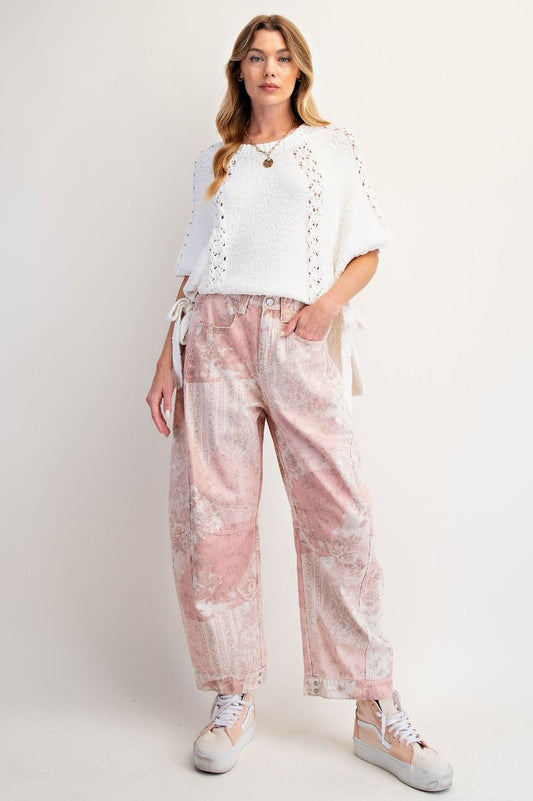 PATCHWORK PRINTED BARREL PANTS-Vintage Rose