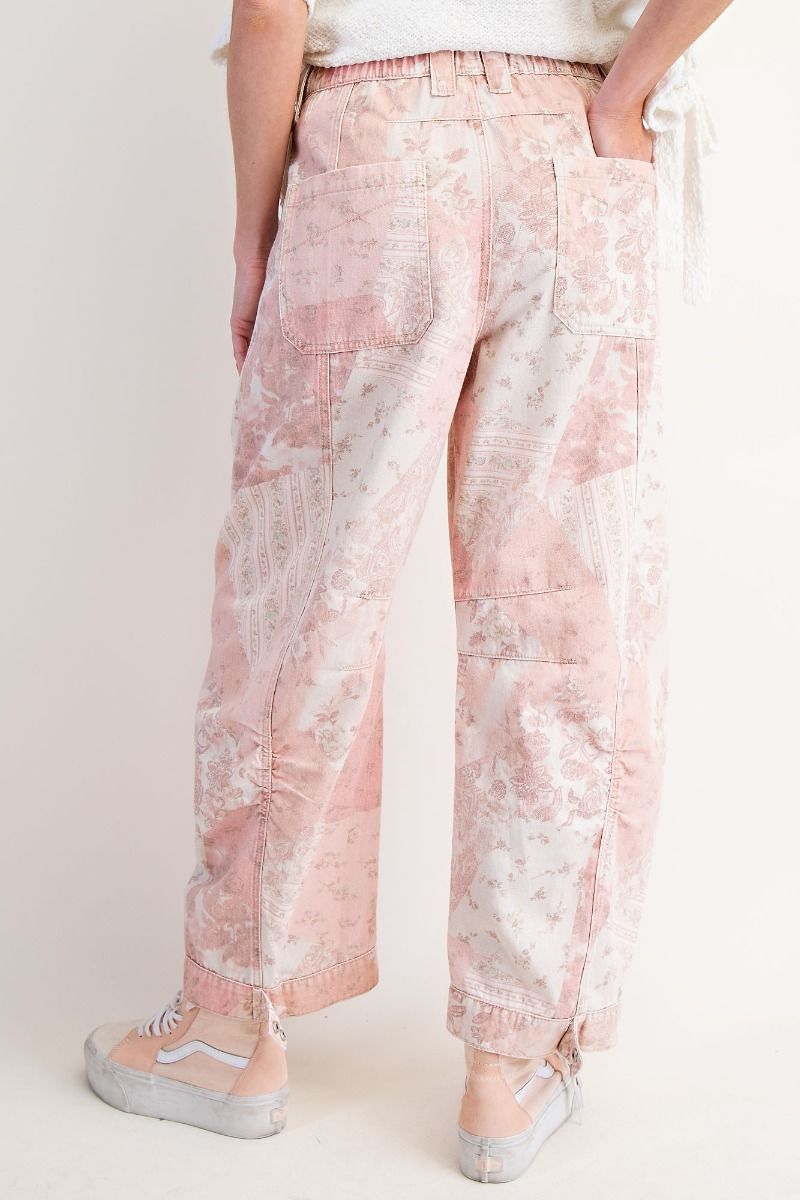 PATCHWORK PRINTED BARREL PANTS-Vintage Rose