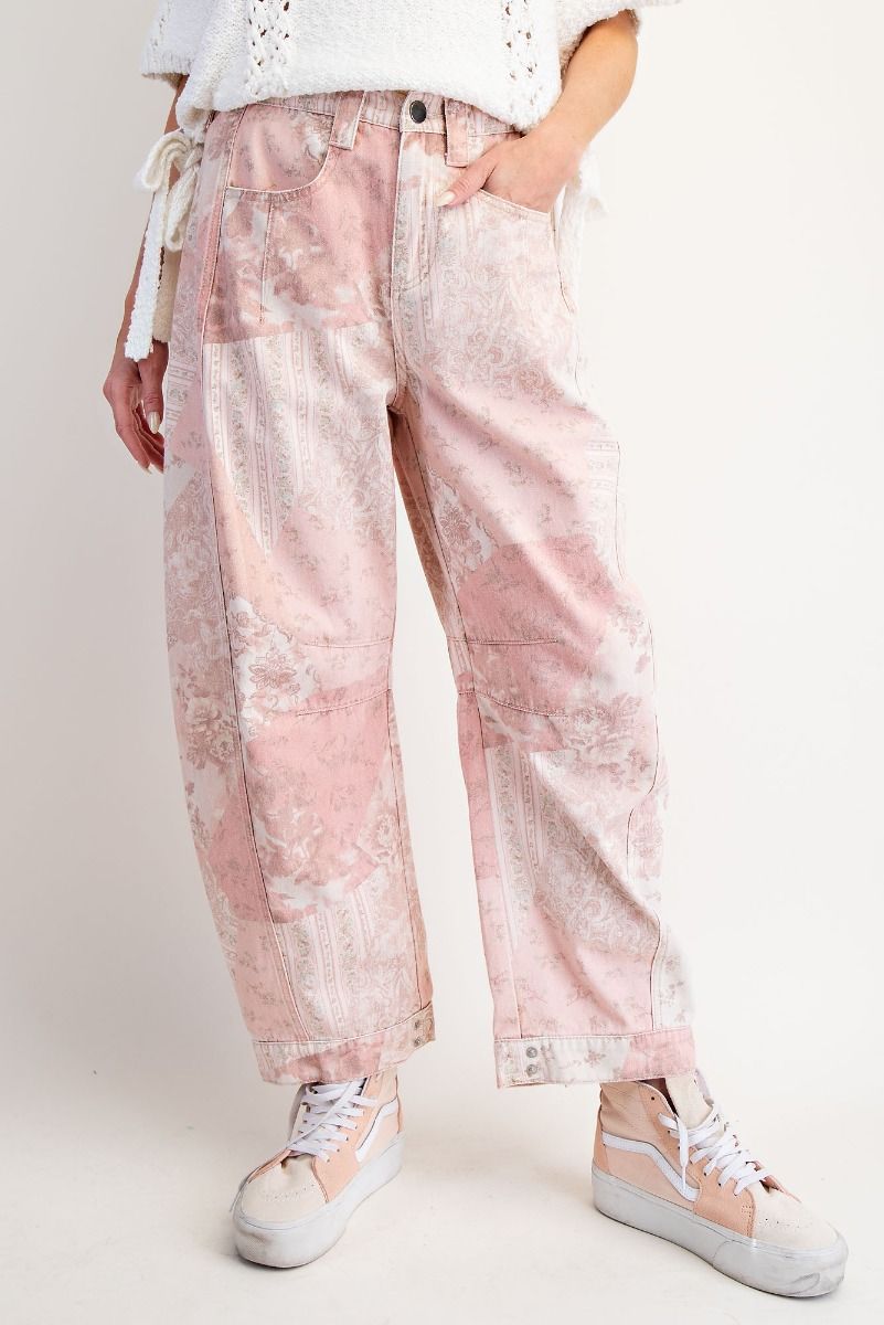 PATCHWORK PRINTED BARREL PANTS-Vintage Rose