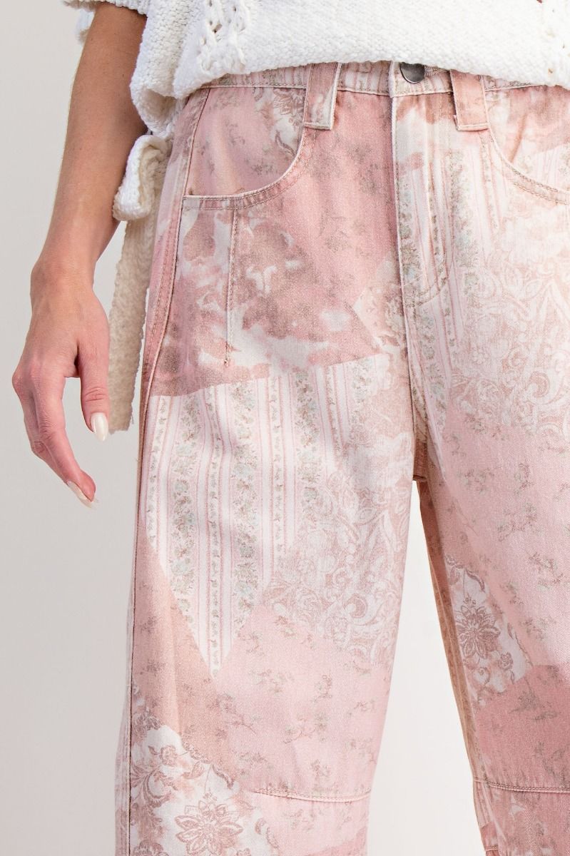 PATCHWORK PRINTED BARREL PANTS-Vintage Rose