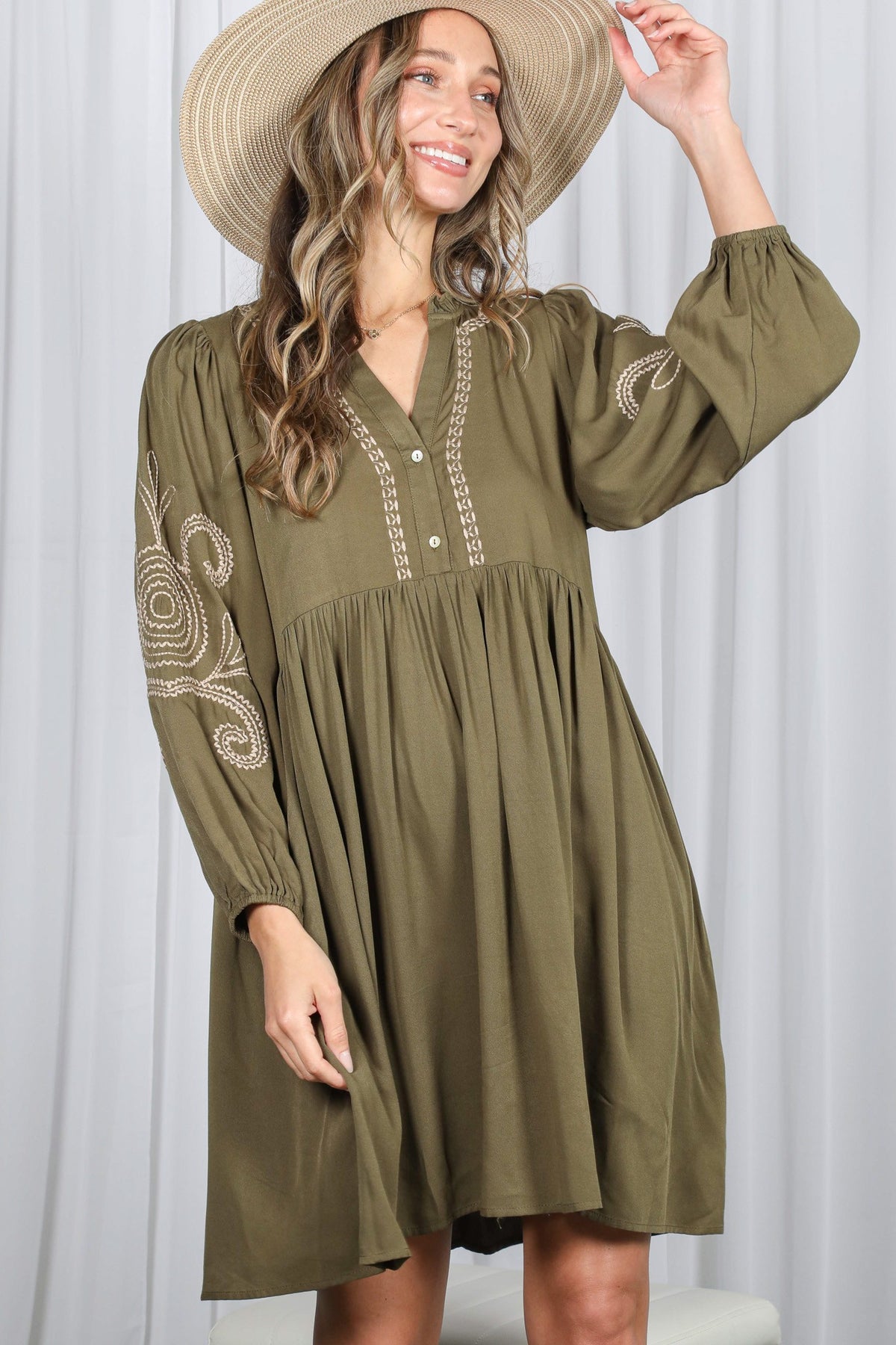 Paisley Embroidered V-Neck Baby Doll Dress-Olive