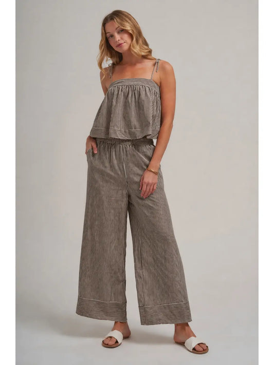 Mocha Striped Two Piece Set with Flowy Cami Top and Wide Leg Pants