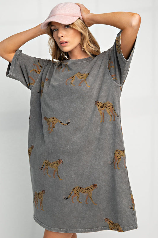 MINERAL WASHED CHEETAH PRINT T SHIRT DRESS