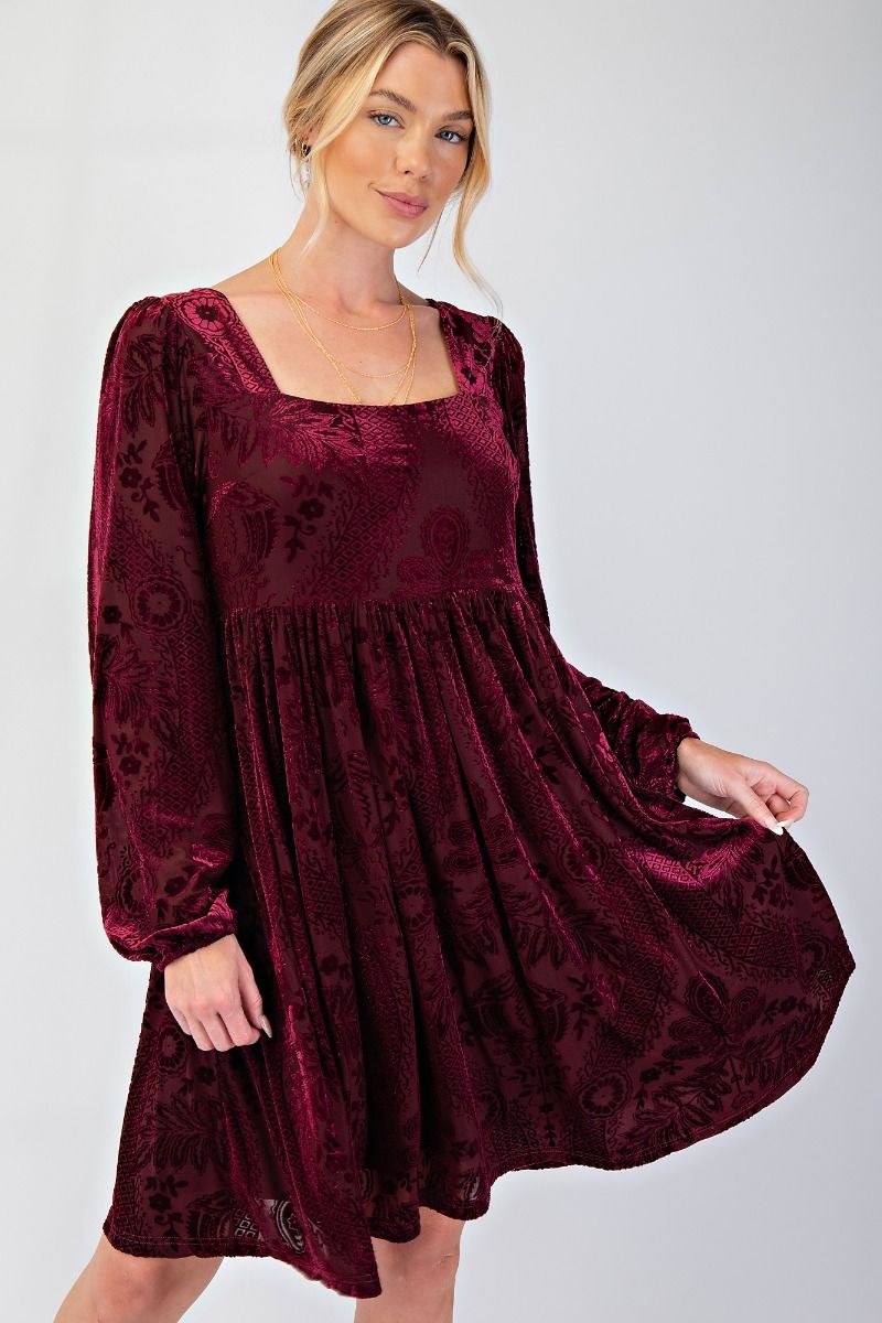 Burnout Velvet Dress-Wine