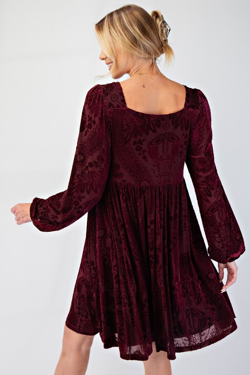 Burnout Velvet Dress-Wine