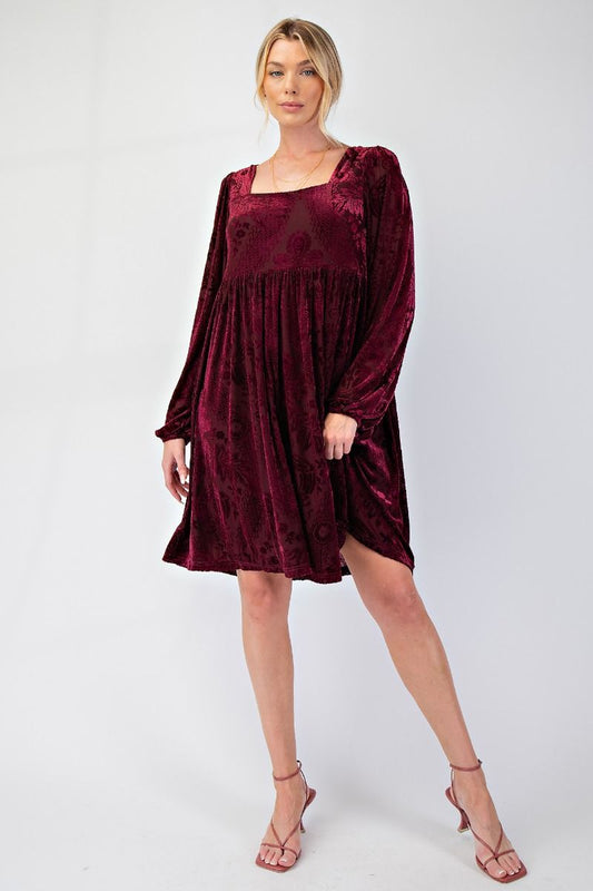 Burnout Velvet Dress-Wine