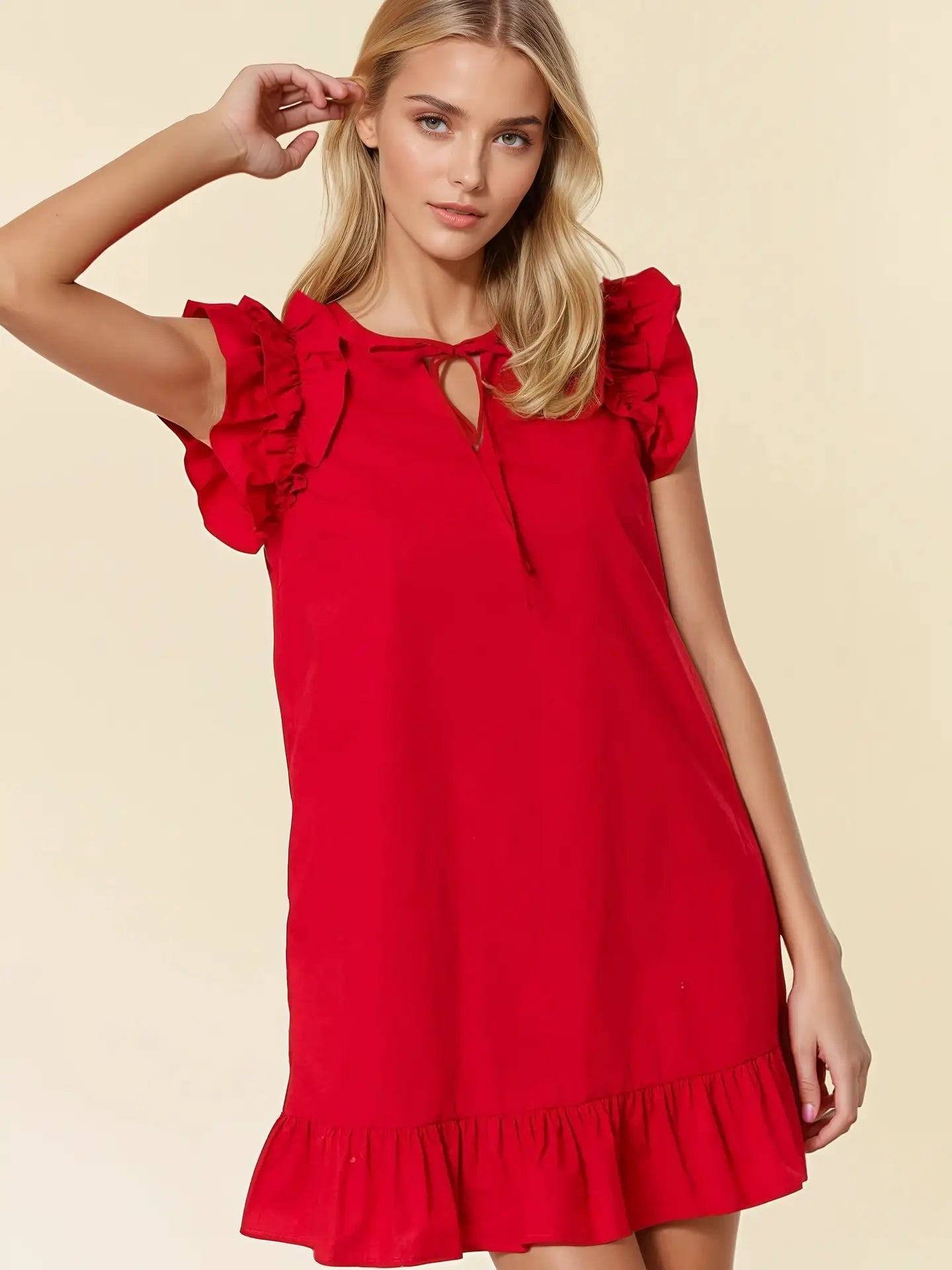 Cotton Poplin V-Neck Mini Dress W/Side Pockets -Apple