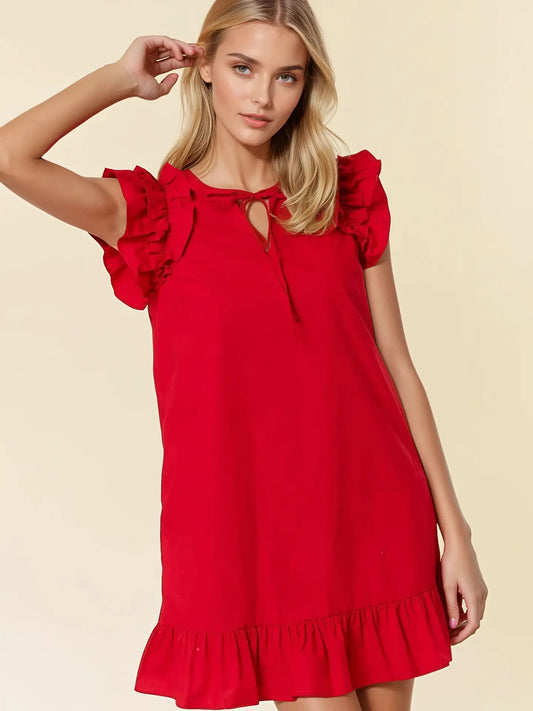 Cotton Poplin V-Neck Mini Dress W/Side Pockets -Apple