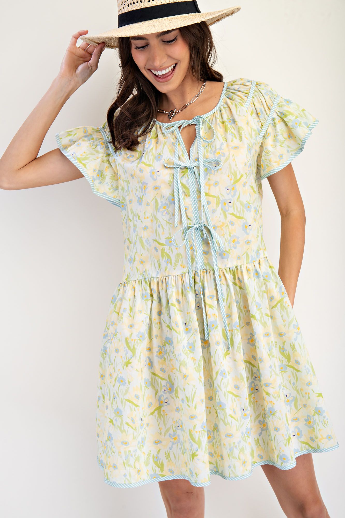 Vernalis Printed Cotton Dress with Ties-Blush