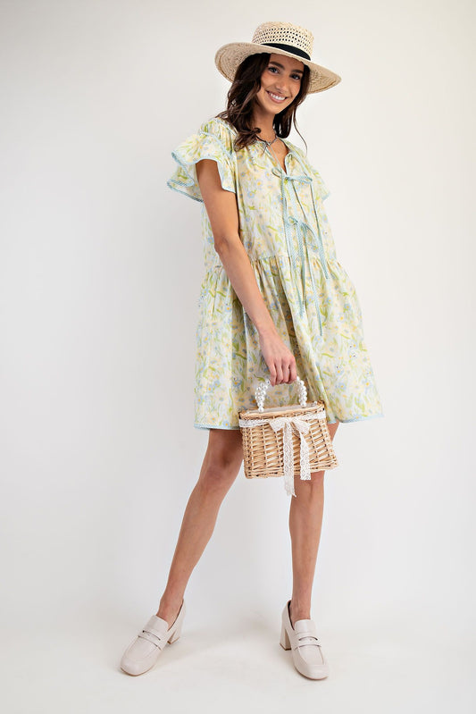 Vernalis Printed Cotton Dress with Ties-Blush