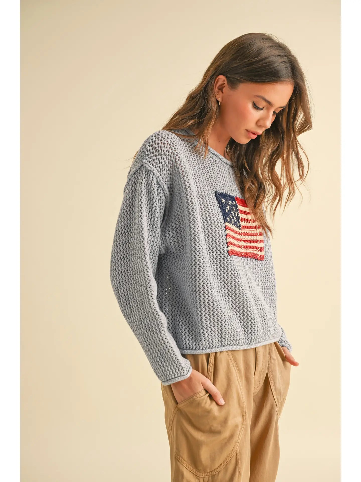 Flag Knitted Sweater Top-Blue Gray