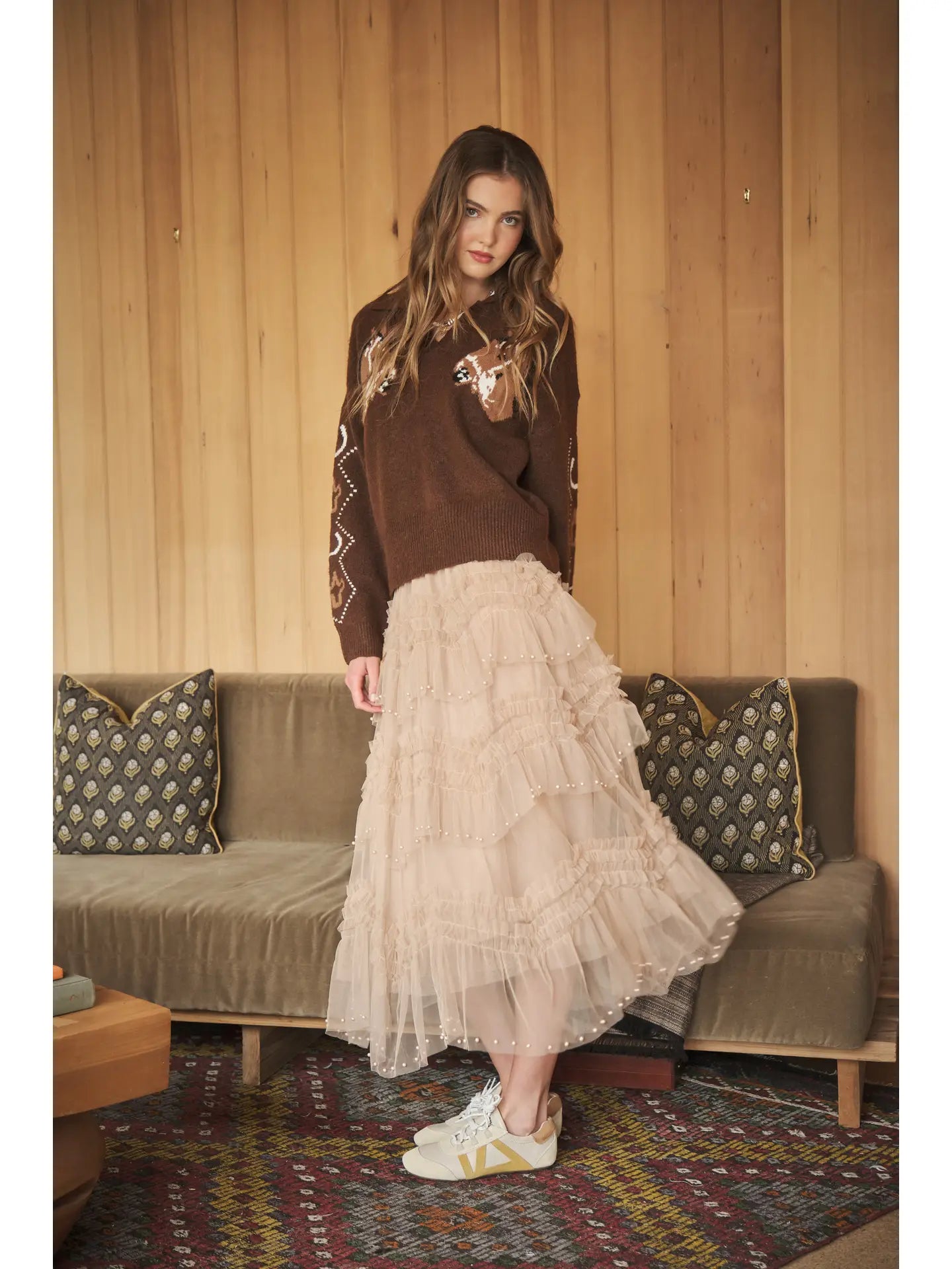 Tiered Ruffle Tulle Skirt with Pearls-Taupe